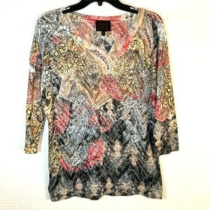 French Blue Top Size S Paisley Geometric Beaded Multicolor 3/4 Sleeve Semi-sheer